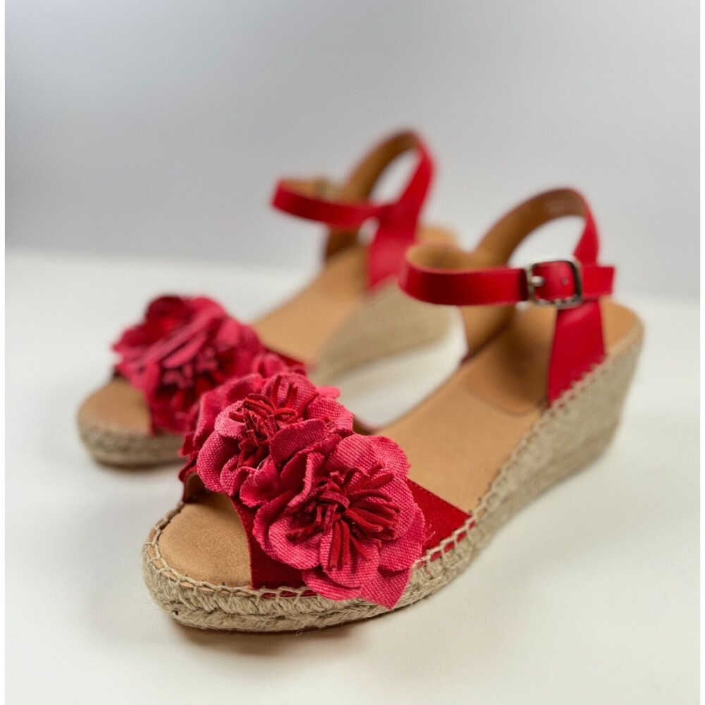 Jutelia Womens Sandals Red Leather Flower Espadrille Wedge Heels Spain 39 US 8